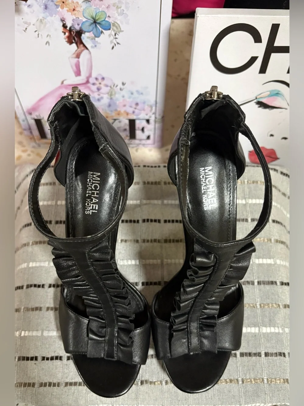 Michael Kors Bella Open Toe Ruffled Leather Platform Sandal Black, Size 6 M